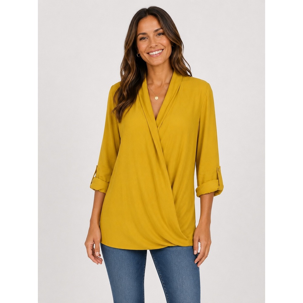 NWT XL Nordstrom Pleione Chiffon Mustard Yellow Faux Wrap Long Sleeve Blouse Top